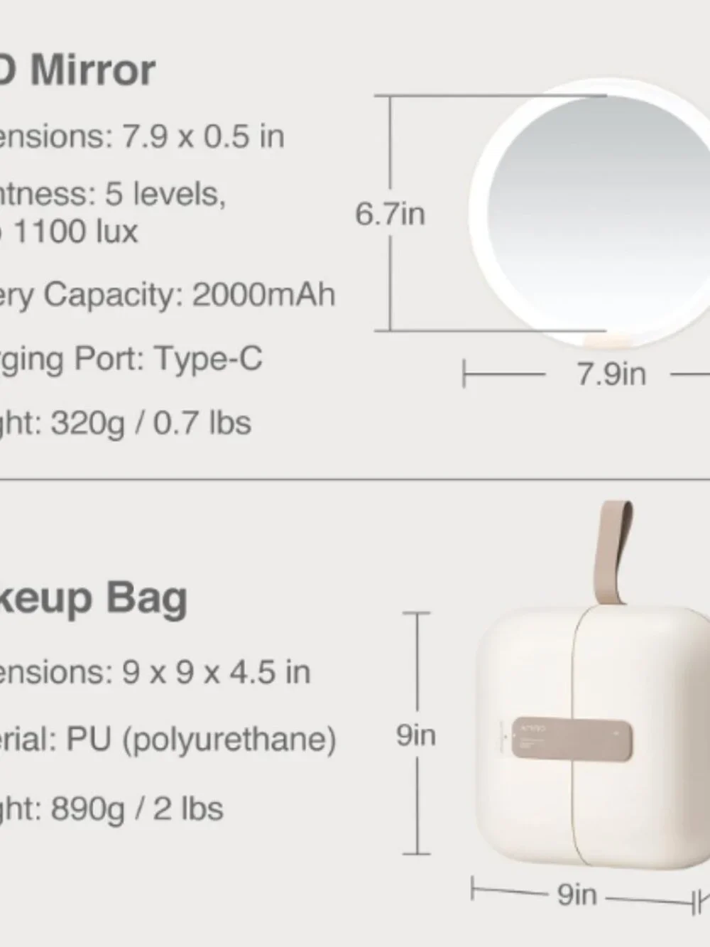 Amiro Cube S Magnetic Travel makeup portable Bag LED Mirror White AMI115